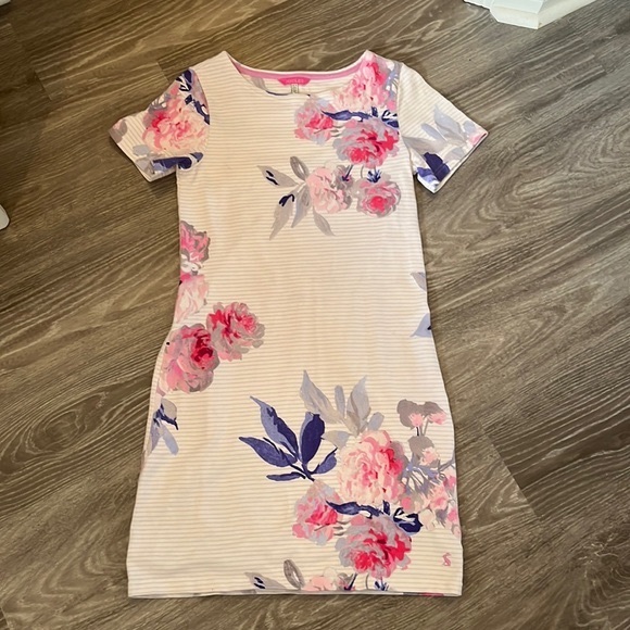 JOULES Riviera White Beau Stripe Printed Jersey T-Shirt Dress (in Size S) - Picture 2 of 5